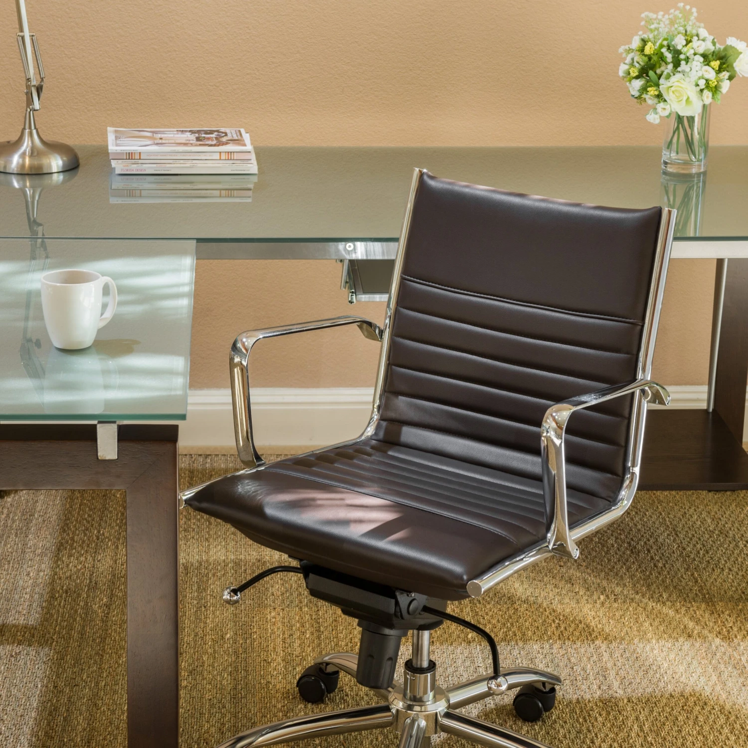 Brown Leather & Chrome Low Back Modern Office Chair 1 Brown Leather & Chrome Low Back Modern Office Chair