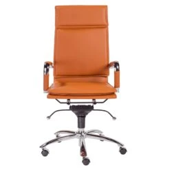 High Back Leather & Chrome Modern Office Chair In Cognac