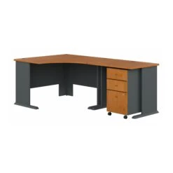48" Corner Office Desk With Return And Mobile Pedestal In Natural Cherry/Slate