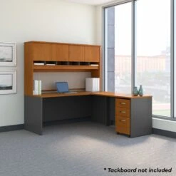 72" L-shaped Desk With Hutch And Mobile File Cabinet In Natural Cherry/Graphite Gray