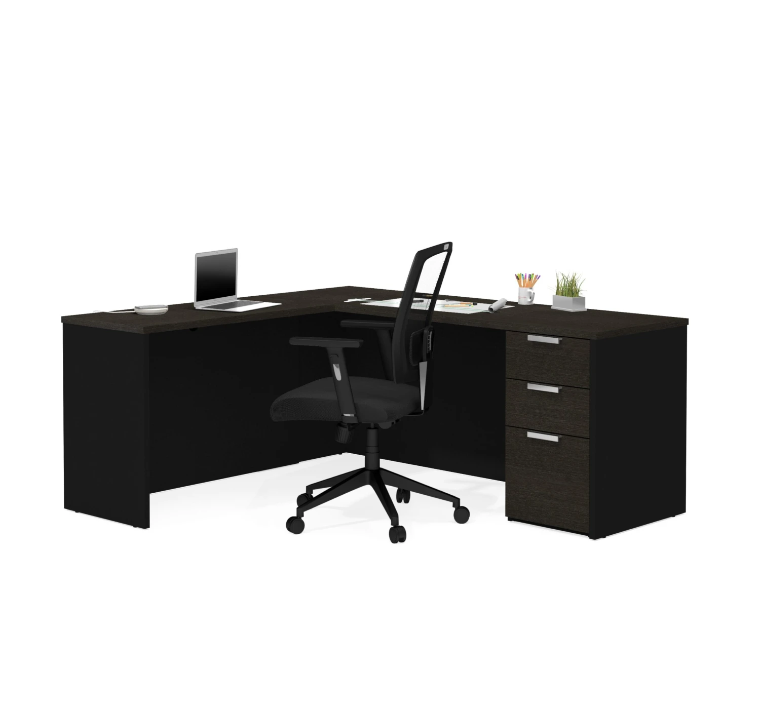 Deep Gray & Black L-shaped Modern Desk With Single Pedestal 2 Deep Gray & Black L-shaped Modern Desk With Single Pedestal - Image 2