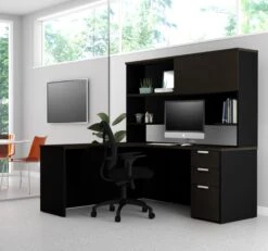Premium L-shaped Desk With Hutch In Deep Gray & Black