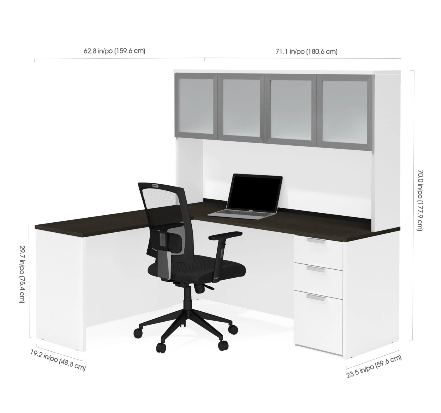 White & Deep Gray Modern L-shaped Desk & Hutch With Glass Doors 3 White & Deep Gray Modern L-shaped Desk & Hutch With Glass Doors - Image 3