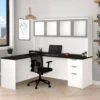 White & Deep Gray Modern L-shaped Desk & Hutch With Glass Doors