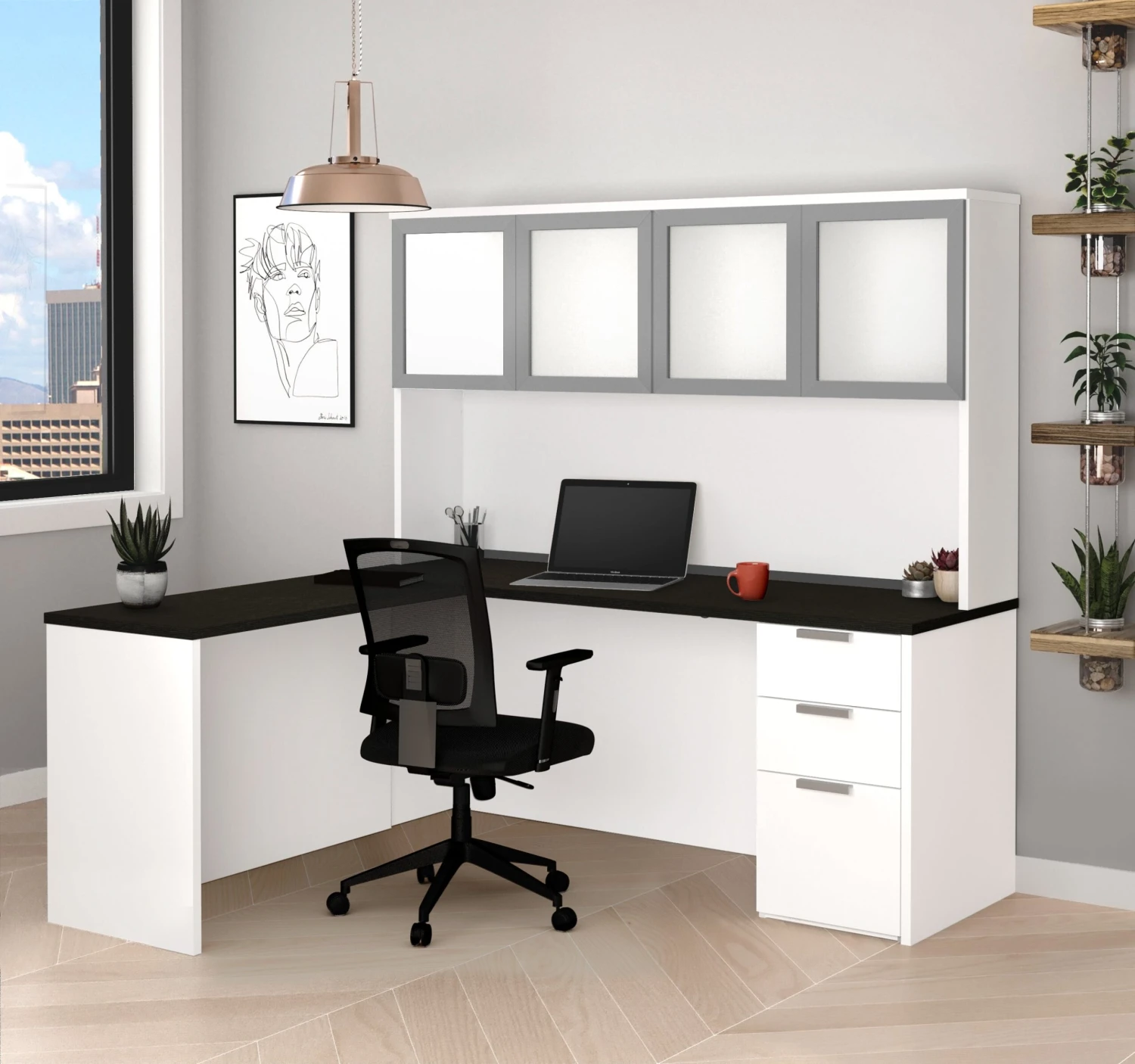 White & Deep Gray Modern L-shaped Desk & Hutch With Glass Doors 1 White & Deep Gray Modern L-shaped Desk & Hutch With Glass Doors