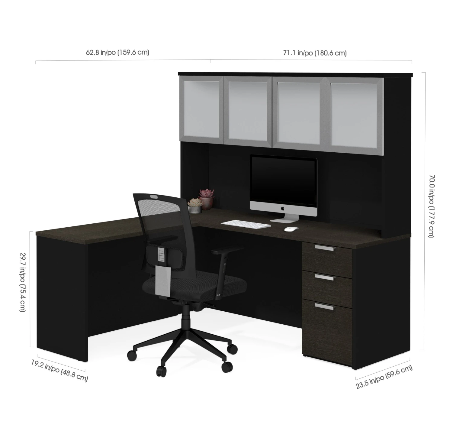 71" X 62" L-Shaped Desk With Hutch In Deep Gray And Black 3 71" X 62" L-Shaped Desk With Hutch In Deep Gray And Black - Image 3