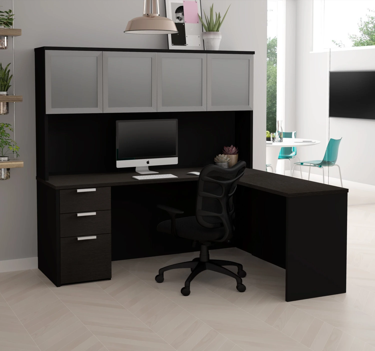71" X 62" L-Shaped Desk With Hutch In Deep Gray And Black 1 71" X 62" L-Shaped Desk With Hutch In Deep Gray And Black