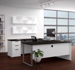 Modern U-shaped Desk In White & Deep Gray
