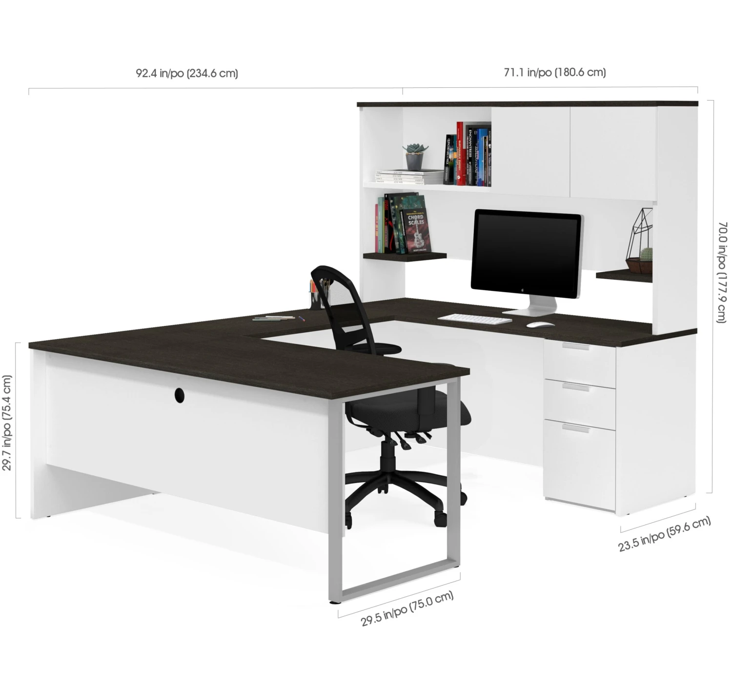 White Modern U-shaped Office Desk With Deep Gray Top & Hutch 3 White Modern U-shaped Office Desk With Deep Gray Top & Hutch - Image 3