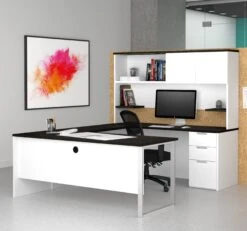 White Modern U-shaped Office Desk With Deep Gray Top & Hutch