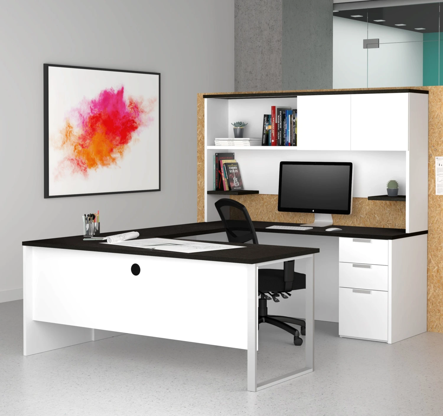 White Modern U-shaped Office Desk With Deep Gray Top & Hutch 1 White Modern U-shaped Office Desk With Deep Gray Top & Hutch