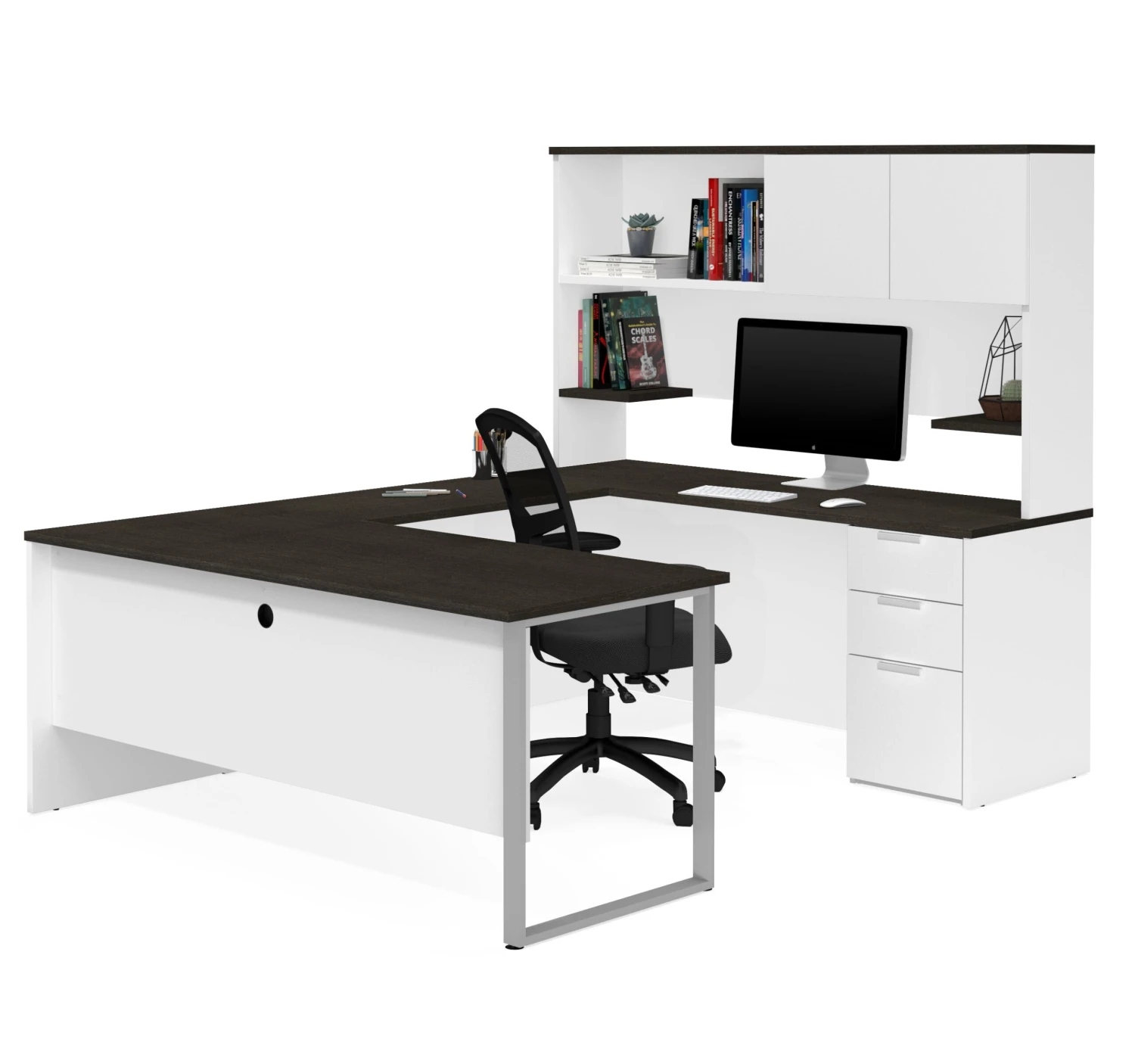White Modern U-shaped Office Desk With Deep Gray Top & Hutch 2 White Modern U-shaped Office Desk With Deep Gray Top & Hutch - Image 2