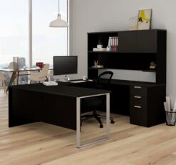 Modern U-shaped Desk With Hutch In Deep Gray & Black Finish