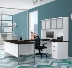 Modern U-shaped Desk With Hutch In White & Deep Gray
