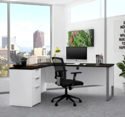 71" X 69" Single Pedestal L-shaped Desk In White & Deep Gray