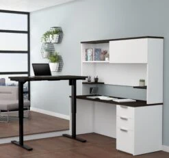 71" White & Deep Gray Desk & Hutch And 48" Sit-Stand Desk