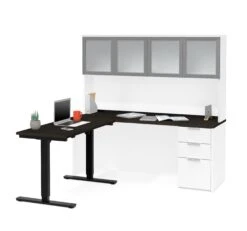 71" Height-Adjustable L-shaped Desk & Hutch In Deep Gray & White With Glass Doors -Home Decor Shop 110897 17 2