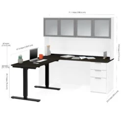 71" Height-Adjustable L-shaped Desk & Hutch In Deep Gray & White With Glass Doors -Home Decor Shop 110897 17 3