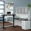 71" Height-Adjustable L-shaped Desk & Hutch In Deep Gray & White With Glass Doors