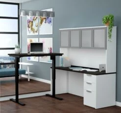 71" Height-Adjustable L-shaped Desk & Hutch In Deep Gray & White With Glass Doors