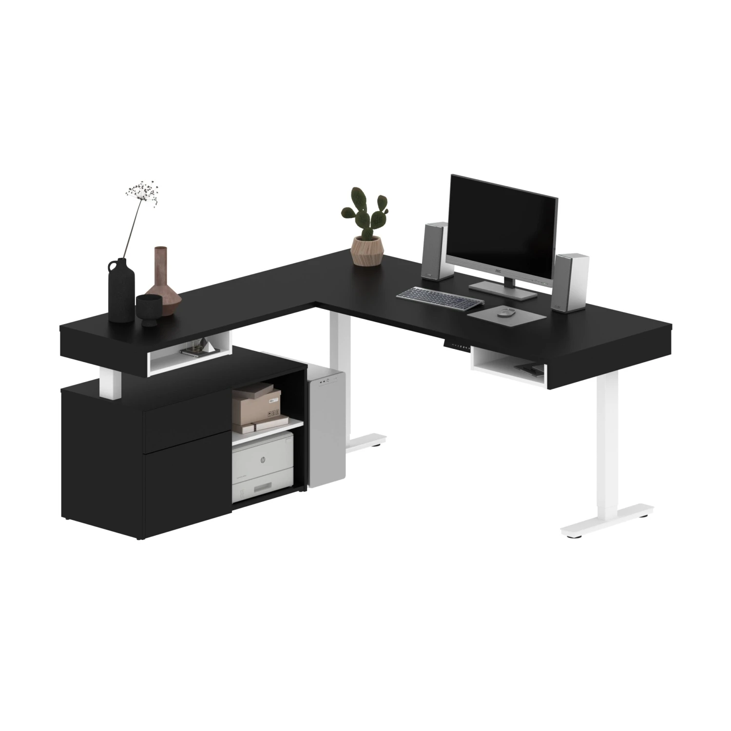 72" L-Shaped Adjustable Ergonomic Desk With Small Credenza In Black & White 2 72" L-Shaped Adjustable Ergonomic Desk With Small Credenza In Black & White - Image 2