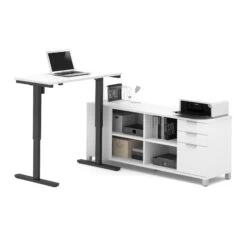 Modern Height Adjustable Sit-Stand Desk With Credenza In White