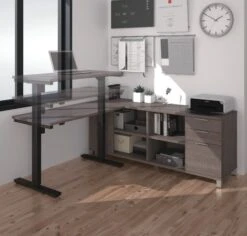Modern Height Adjustable Sit-Stand Desk With Credenza In Bark Gray