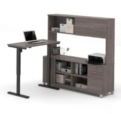 48" Bark Gray Sit-Stand Desk With 71" Credenza & Hutch