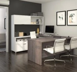 Modern White & Bark Gray U-shaped Office Desk With Hutch