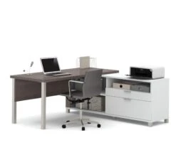 Modern Premium L-shaped Desk In Bark Gray & White Finish