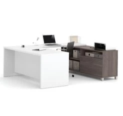 White & Bark Gray Modern U-shaped Desk With Integrated Storage