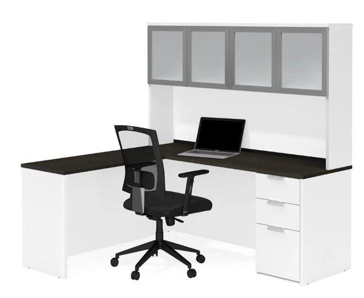 White & Deep Gray Modern L-shaped Desk & Hutch With Glass Doors 2 White & Deep Gray Modern L-shaped Desk & Hutch With Glass Doors - Image 2