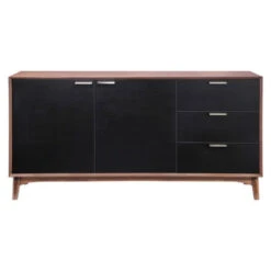 Mid-Century Style Black And Walnut Storage Credenza