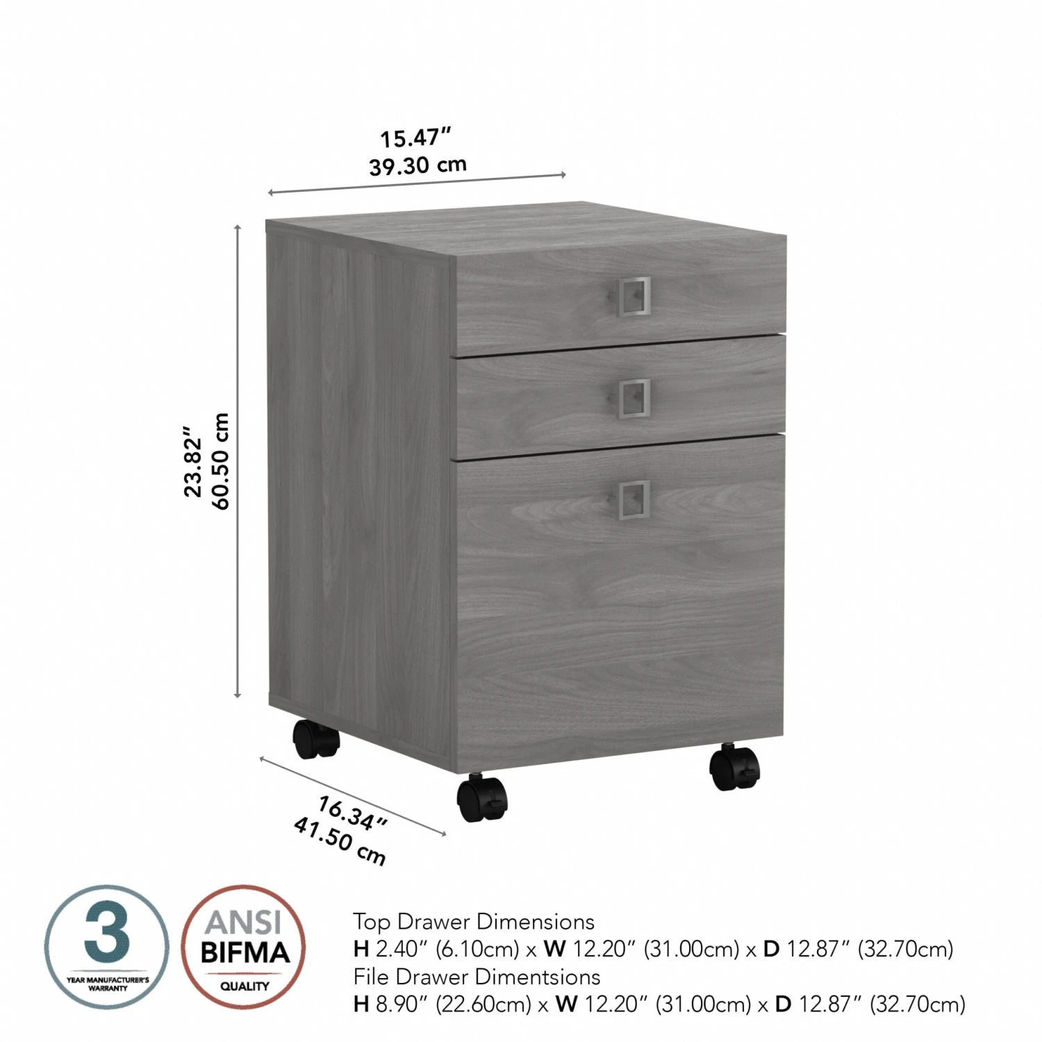 16" Mobile 3-Drawer File Cabinet In Modern Gray Finish 6 16" Mobile 3-Drawer File Cabinet In Modern Gray Finish - Image 6
