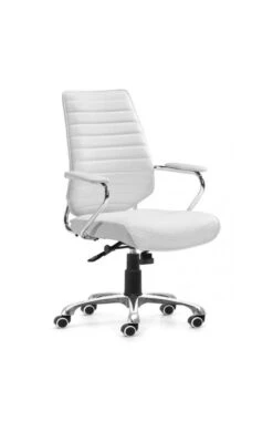 Sleek White Leather & Chrome Office Chair With Padded Armrests