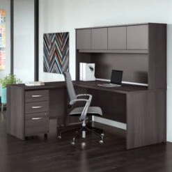 72" X 72" Modern L-Shaped Desk With Hutch & Mobile File In Storm Gray