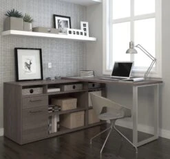 Modern L-shaped Desk With Integrated Storage In Bark Gray