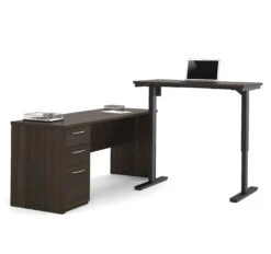 71" Dark Chocolate Single Pedestal Desk With Standing Desk Section