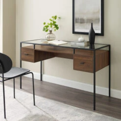 Walker Edison 56" Dark Walnut Executive Desk With Glass Top & Side Drawers
