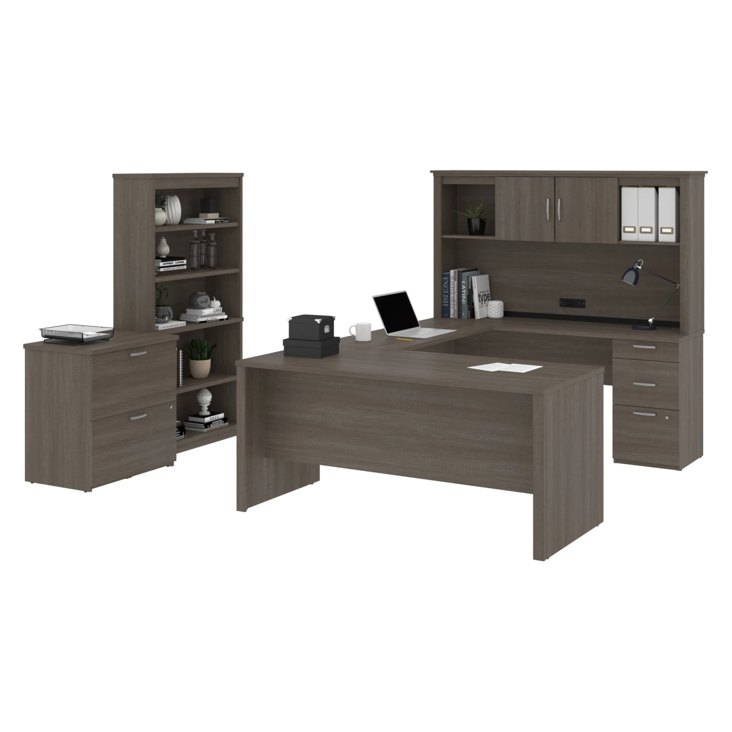 66" U- Or L-Shaped Desk Set With File & Bookcase In Bark Gray 2 66" U- Or L-Shaped Desk Set With File & Bookcase In Bark Gray - Image 2