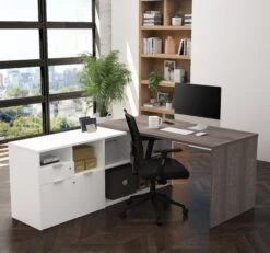 71" L-Shaped Bark Gray And White Office Desk With Storage