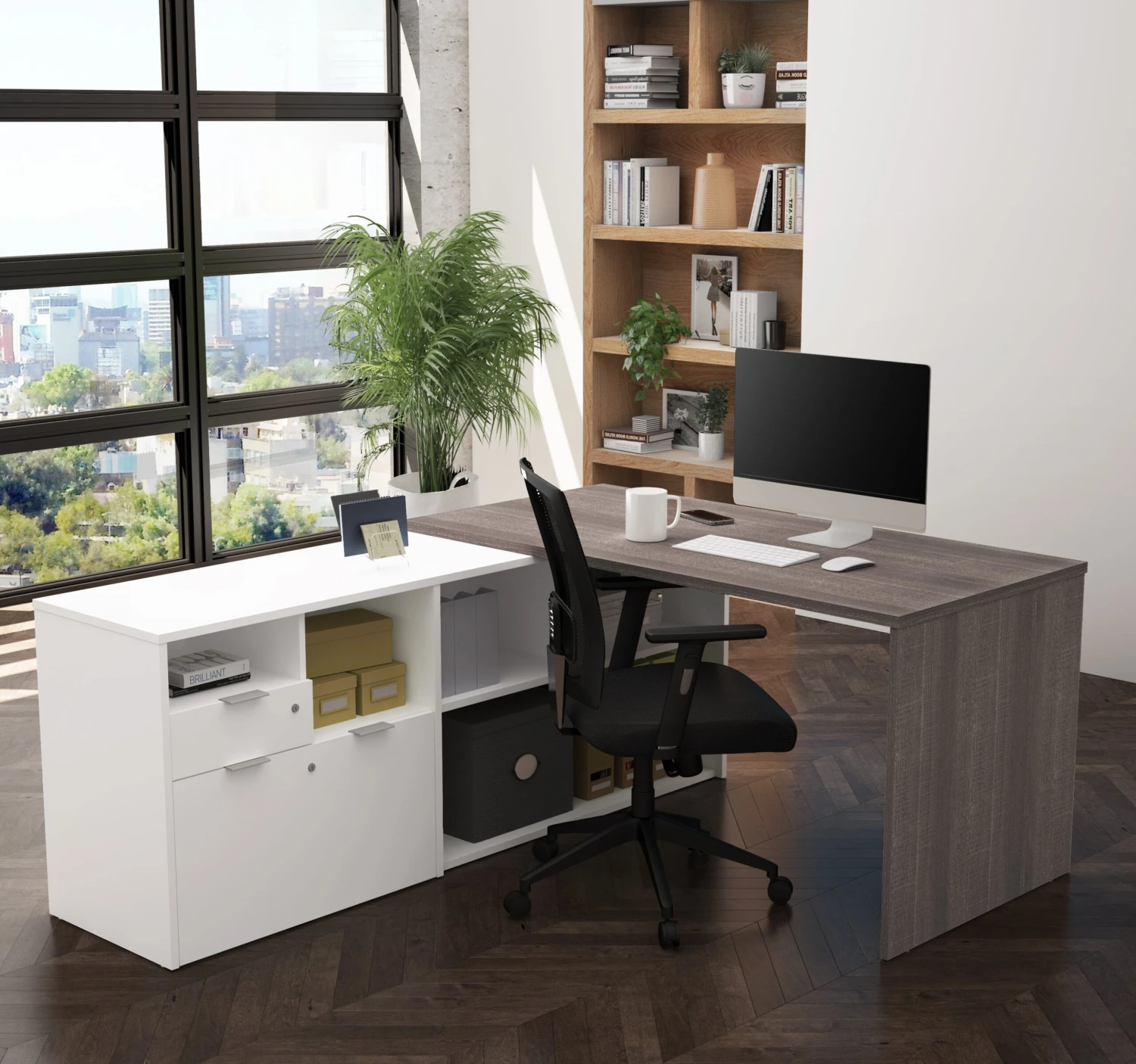 71" L-Shaped Bark Gray And White Office Desk With Storage 1 71" L-Shaped Bark Gray And White Office Desk With Storage