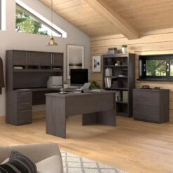 60" U- Or L-Shaped Desk Set With Bookcase & File In Bark Gray