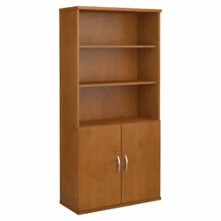 36" Tall Modern Bookcase With Doors In Natural Cherry/Graphite Gray