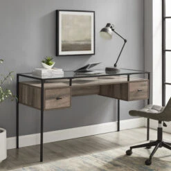 Walker Edison 56" Gray Woodgrain Executive Desk With Glass Top & Side Drawers