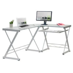 62" Glass L-Shaped Desk With Keyboard Tray -Home Decor Shop 4CiW tap