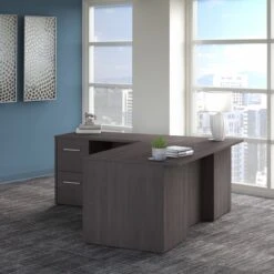 72" L-Shaped Modern Executive Desk With Drawers In Storm Gray