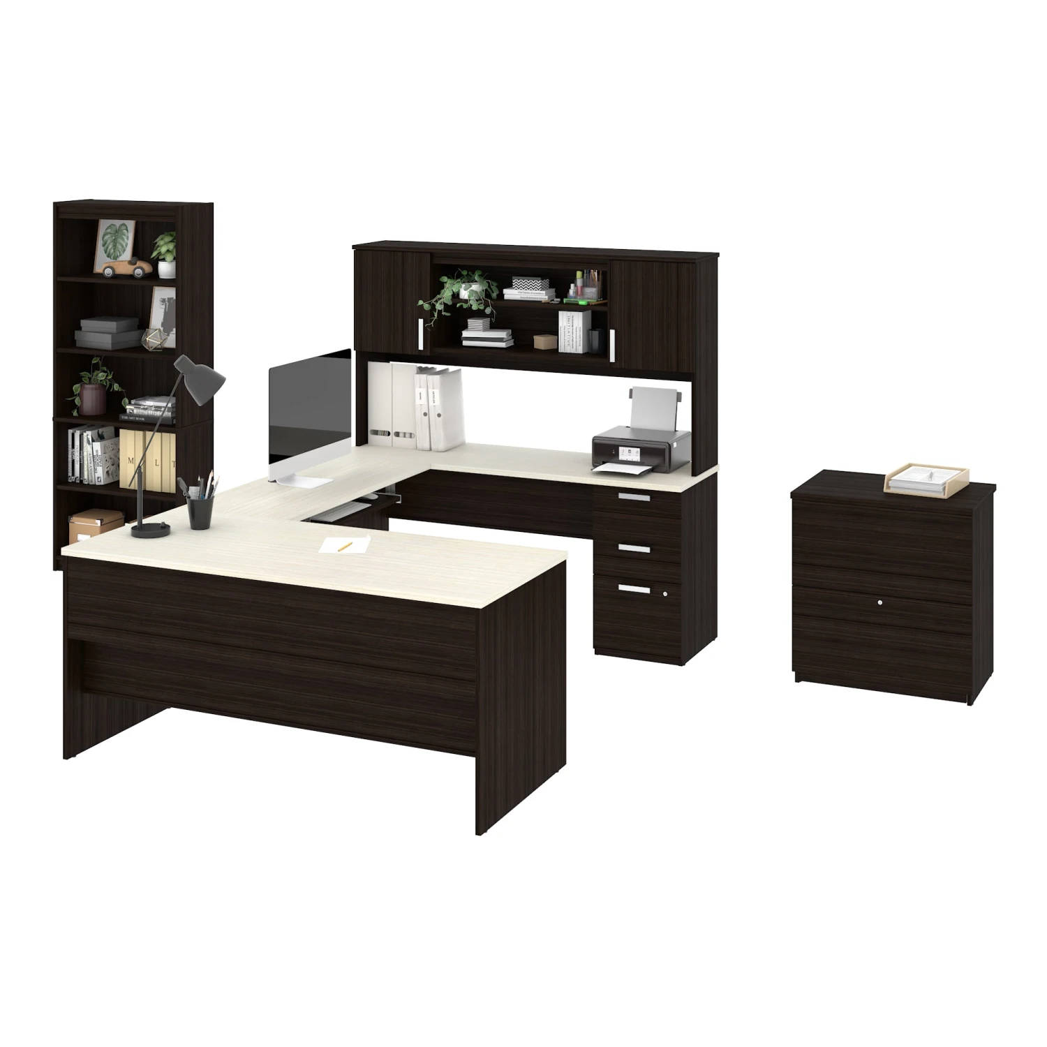 U-Shaped Executive Desk And Hutch With White Chocolate Top - Includes Matching File Cabinet And Bookcase 2 U-Shaped Executive Desk And Hutch With White Chocolate Top - Includes Matching File Cabinet And Bookcase - Image 2