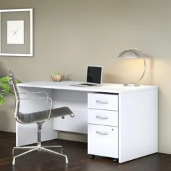 Modern White 60" Executive Desk With Included Mobile Pedestal