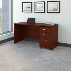 60" Modern Office Desk With Mobile Pedestal In Mahogany